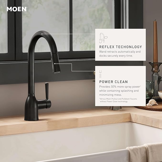 Moen Adler Chrome One-Handle High Arc Kitchen Sink Faucet with Power Clean, Modern Kitchen Faucet with Pull Down Sprayer, 87233