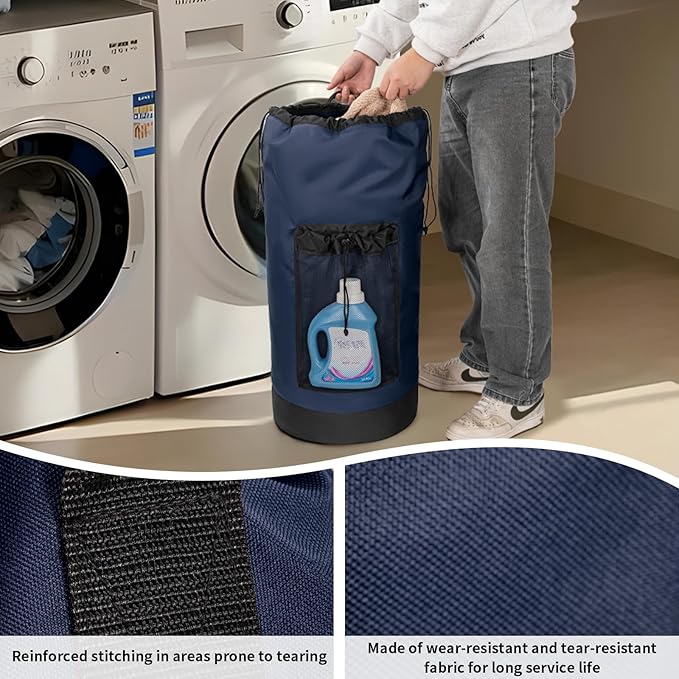 Laundry Bag Backpack with Shoulder Straps and Mesh Pocket Foldable Laundry Hamper for College, Apartment, Laundromat (Dark Blue)