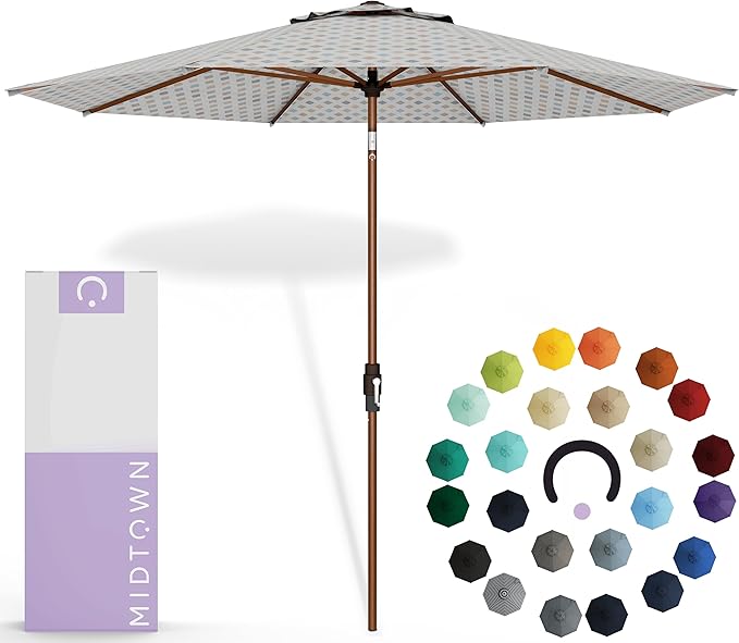 Midtown Umbrellas Sunbrella Umbrella Outdoor Patio Umbrella 2-9 Feet in Infused Gem Acrylic Fabric, Auto-Tilt Aluminum Frame For Backyard Umbrella, Deck Umbrella & Porch Umbrella - Wooden Pole