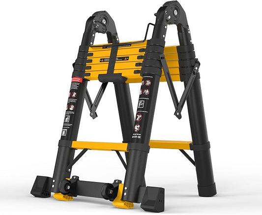 12.5 FT Telescoping A Frame Ladder, 6 Step, ANSI Certified, Type I Heavy Duty, 330lbs Max Capacity, Aluminum Extension Ladder for Home, Roof, RV; Yellow