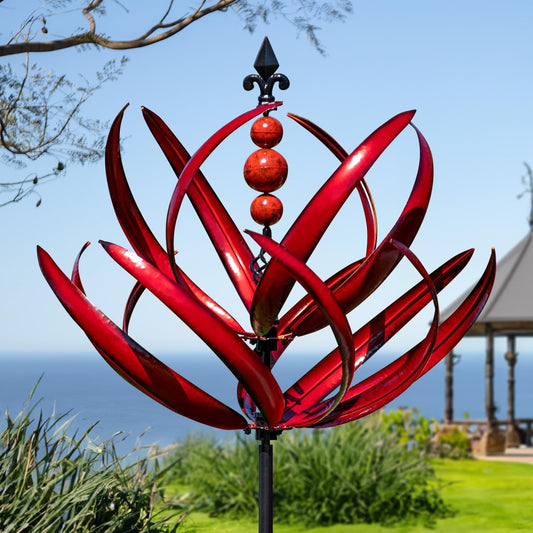 LimeHill Wind Spinner for Garden and Yard - Large Metal Kinetic Wind Sculptures for Outdoor Decor (91 Inches, Burgundy Lotus)