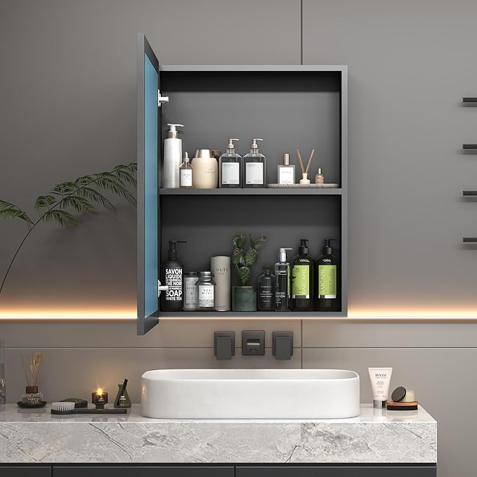 24 x 32 inch Bathroom Medicine Cabinet with Mirror, Black Metal Framed Mirror Medicine Cabinet with Storage, Pre-Assemble Medicine Cabinets, Recessed or Surface Mount