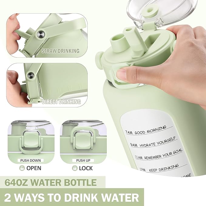 BLUEGO 64oz Insulated Water Bottle with Straw and Handle Leakproof Half Gallon Wide Mouth Motivational Water Bottle, 2-IN-1 Straw Spout Lid Stainless Steel Water Jug for Sport Travel Gym-Light Green