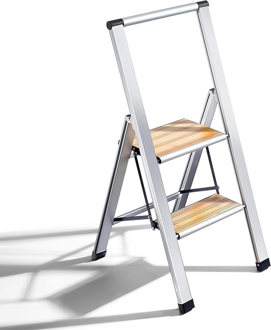 Step Ladder 2 Step Folding, Decorative - Beautiful Bamboo & Silver Aluminum, Ultra Slim Profile, Anti Slip Steps, Sturdy-Portable for Home, Office, Kitchen, Photography Use,by SORFEY