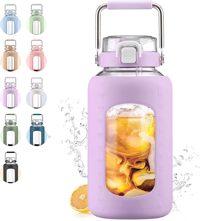 84oz Glass Water Bottle with Stainless Steel Handle,2.5L Gallon Water Bottle With 2-IN-1 Straw Lid, Silicone Sleeve and Motivational Capacity Marker, Wide Mouth Water Jug For Gym, Purple