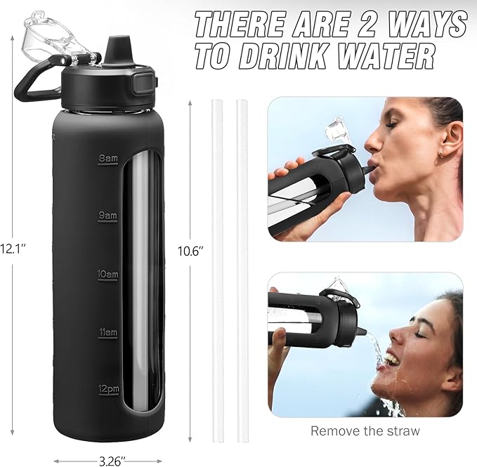 Kodrine Water Bottle with Soft Straw and Carry Loop, 32 oz Glass Water Bottle with Locking Lid, Clear Water Bottles Sports, Drinking Bottle for Travel Home Gym, Leakproof(Black)