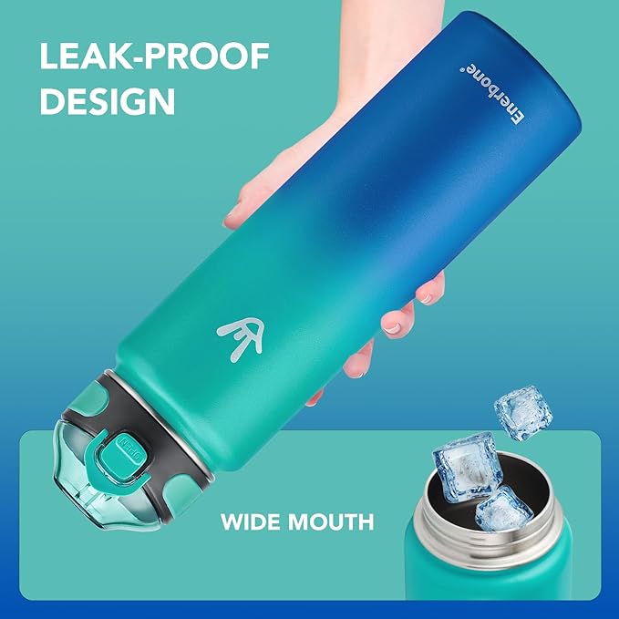Enerbone Insulated Water Bottle, 32 oz Stainless Steel Water Bottles with Carrying Strap, Double-Wall Vacuum Insulation Thermos, Leakproof Sports Bottle with Straw, Keep Drinks Hot or Cold for Hours