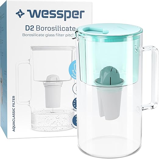 D2 Borosilicate Mint Glass Water Filter Pitcher Crystal Clear Hydration 8-Cup Capacity | 2in1 Water Purifier Pitcher and Stylish Water Carafe | Efficient Filtration for Pure, Refreshing Water