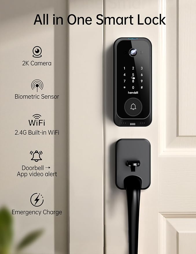 Smart Front Door Lock Sets: 2K HD Camera Lock with Doorbell Kits, Hornbill Fingerprint Keyless Entry Door Lock with Handles, WiFi Deadbolt(only 2.4G) for Remote Control, Free APP/Alexa/PIR, Black
