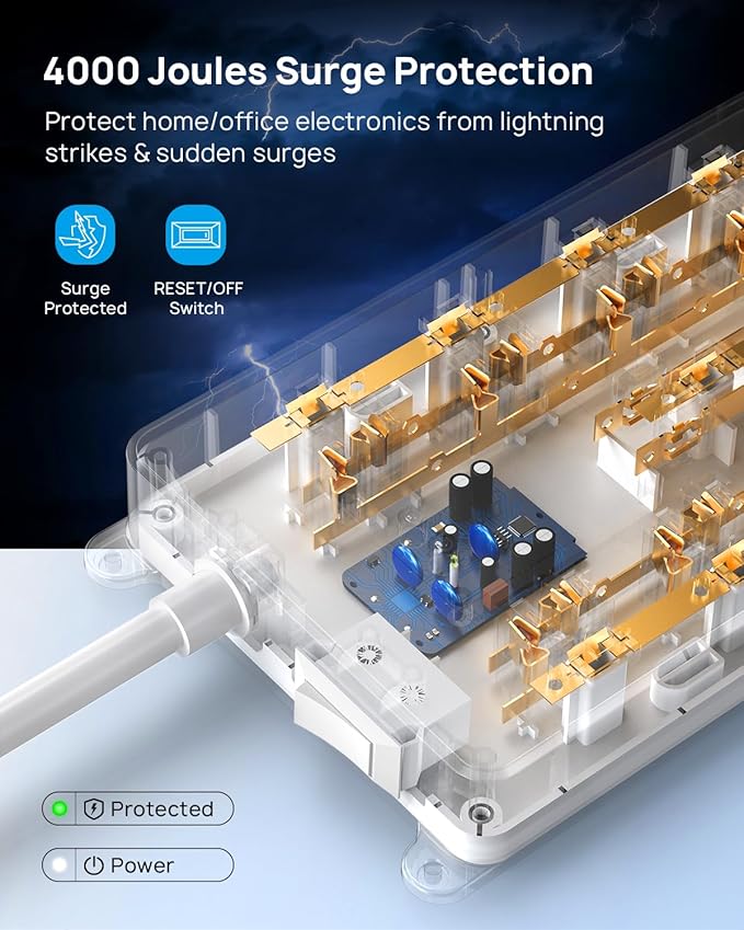 TROND Surge Protector Power Strip 10 ft, Flat Plug Long Extension Cord, 13 Wide Spaced Outlets, 4000 Joules, 32W Quick Charge 3.0 & USB C, Wall Mount, Under Desk, Heavy Duty, ETL Listed, White