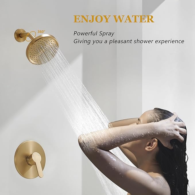 Tohlar Gold Shower Faucet Set with Tub Spout, Bathtub and Shower Faucet Combo Kit, 6-Inch Rain Shower Head and Faucet Set with Valve, Brushed Gold