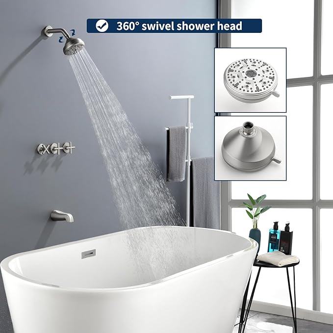3 Handles Shower Faucet Set with Tub Spout Bathtub Shower Faucets Combo Set Shower System Complete Tub and Shower Trim Kit Brushed Nickel Shower Fixtures