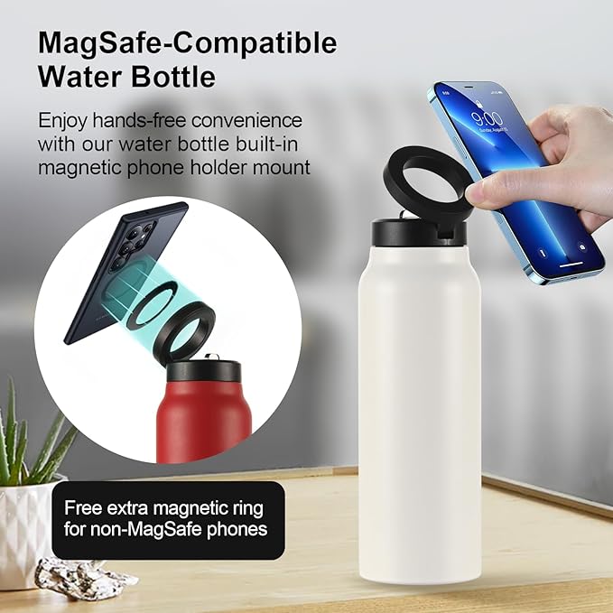 Insulated Water Bottle with Magnetic Phone Holder Compatible with MagSafe and iPhone, Stainless Steel Water Bottle Phone Mount For Sports Travel School, Hot 12H Cold 24H, 24oz (Red)