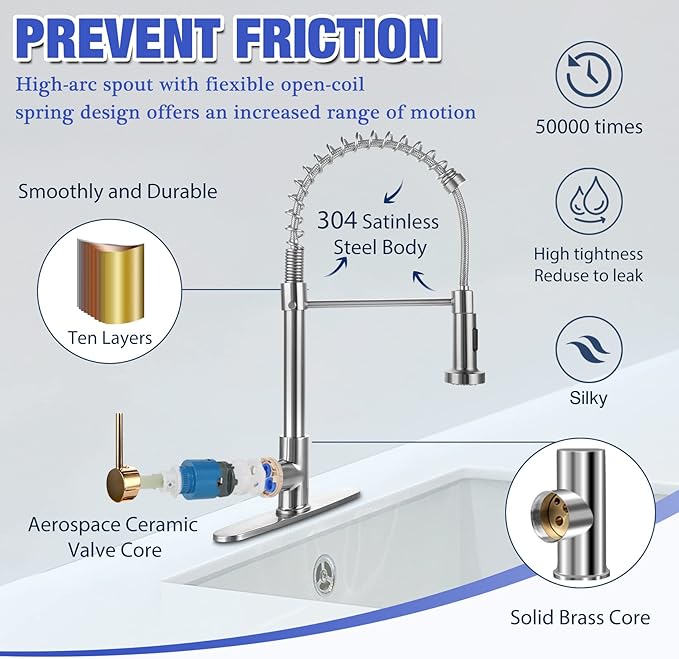 Kitchen Faucets Brushed Nickel,Kitchen Sink Faucets,Kitchen Faucet with Pull Down Sprayer Brushed Nickel Kitchen Faucet for Kitchen Sink RV Stainless Steel Kitchen Faucet Single Hole Kitchen Faucet