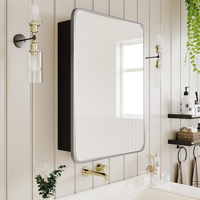 Vintage-Style Bathroom Wood Black Cabinet with 16.5''x24'' Brushed Nickel Metal Frame Curved Mirror, Recessed Medicine Cabinet, Bathroom Storage Cabinet