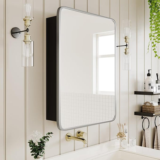 Vintage-Style Bathroom Wood Black Cabinet with 16.5''x24'' Brushed Nickel Metal Frame Curved Mirror, Recessed Medicine Cabinet, Bathroom Storage Cabinet
