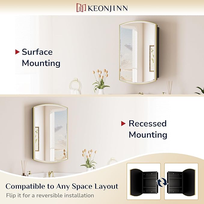 Keonjinn Medicine Cabinet 16 x 26 Inch, Surface Mount or Recessed Cabinets with Mirrors, Gold Metal Framed Wall Mirror with Storage, 2 Adjustable Shelves, Beveled Edge Frame