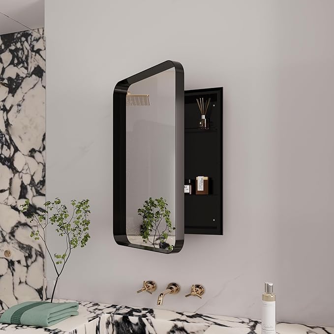 16x24 Inch Recessed Medicine Cabinet with Mirror and Adjustable Shelves,Wall Mounted Mirror Cabinet with Black Metal Framed and Storage for Bathroom (Black)