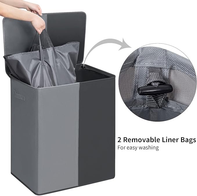 WOWLIVE Double Laundry Baseket with Lid and Removable Laundry Bags,154L Large Laundry Hamper 2 Section Collapsible Dirty Clothes Hamper for Laundry Room,College Dorm,Bathroom, Black and Grey