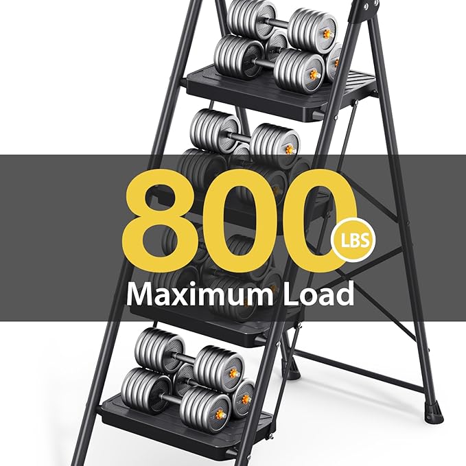 KINGRACK 4 Step Ladder, Sturdy Steel Step Stool with Anti-Slip Wide Pedals, Handrail, Safe-Lock Design, Pass 800lbs Load Testing, Folding Portable Ladder for Multi-Purpose, Home, Kitchen, Black