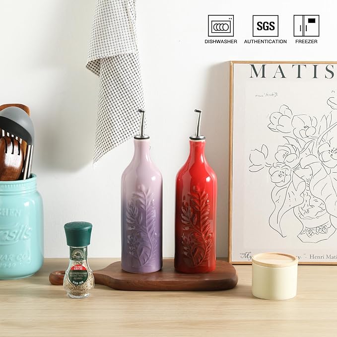 Sweejar Large Olive Oil Dispenser Bottle with Spout, 24 Oz Ceramic Dispenser for Kitchen, Relief Opaque Cruet, Container for Cooking, EVOO, Avocado Oil, Vinegar, Pack of 1(GradientRed)