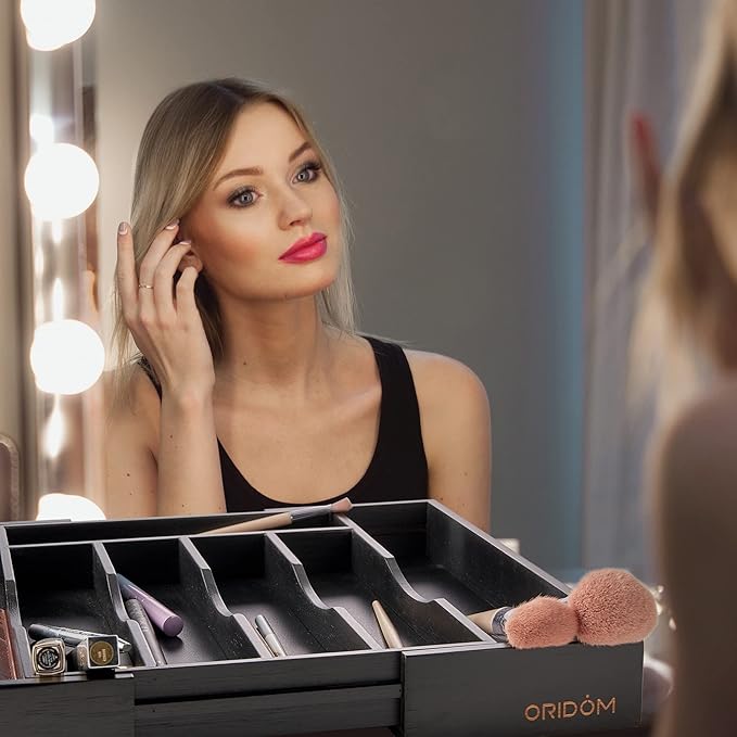 Expandable Bamboo Kitchen Drawer Organizer for Cutlery and Utensils, Adjustable Bamboo Wood Cutlery Tray in Drawer for Flatware and Silverware in Kitchen, (Black)