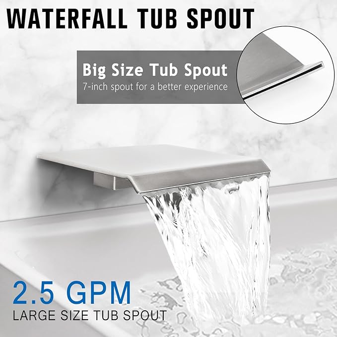 12 Inch Rainfall Shower System with Tub Spout Wall Mounted Complete Combo with Solid Brass Pressure Balancing Valve, High Pressure Shower Head, Handle Set & Installation Accessories