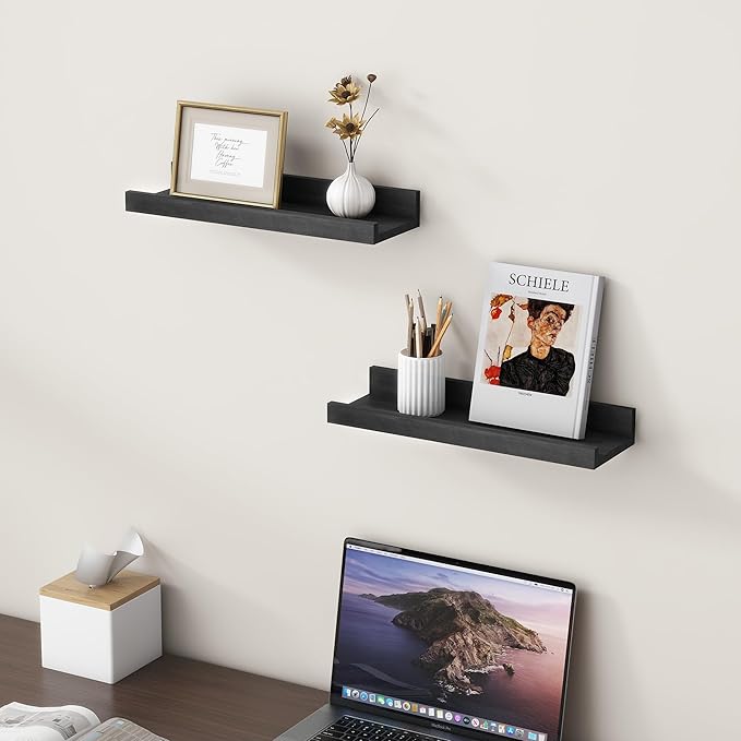 Picture Ledge Shelf for Wall, 16 inch Solid Pine Wood Nursery Book Shelves 2 Packs, Floating Ledge Shelves for Kids' Room Bedroom Bathroom Living Room Photo Frames Office Nursey Wall Decor, Black