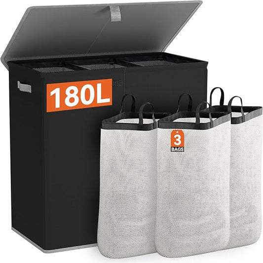 WOWLIVE Laundry Hamper with Lid,180L Large Laundry Basket 3 Section with Removable Washing Bags,Collapsible Waterproof Dirty Clothes Hamper for Laundry Room Bathroom Dorm,Black