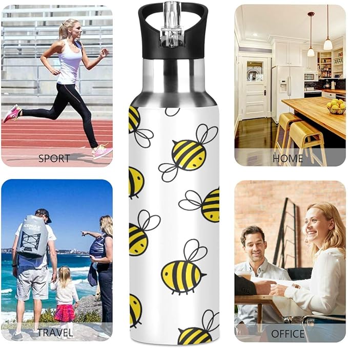 Blueangle Flying Bumble Bees Stainless Steel Water Bottle with Straw, BPA Free Reusable Leakproof Water Jug for Fitness Camping Outdoor Sports