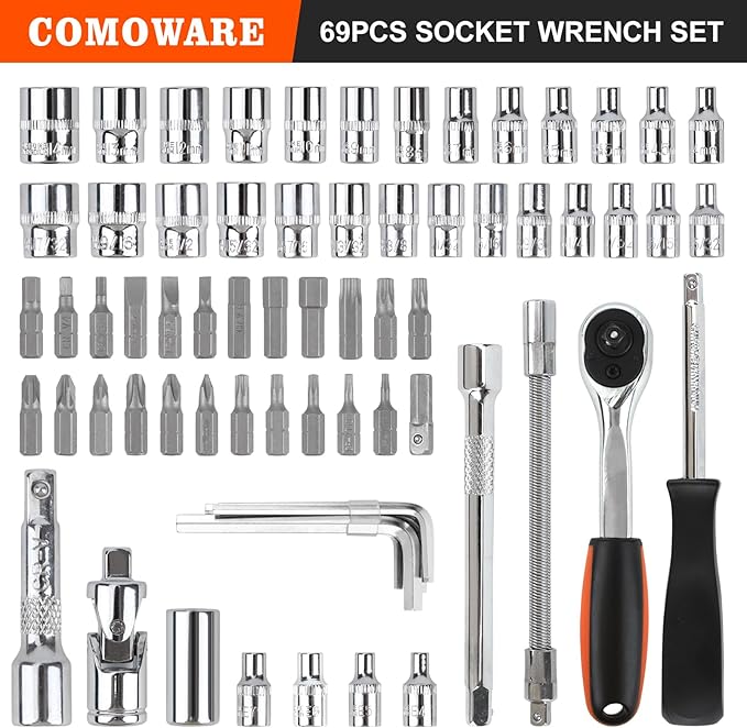 COMOWARE 69pcs Socket Set (1/4'' & 3/8''), Metric & Standard Mechanic Tool Set, Socket Wrench Sets with Extension Bar, 72T Ratchet Wrench, Ratchet Sets for Auto Repairing & Home Use