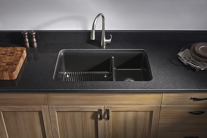 KOHLER K-8204-CM1 Cairn Sink, 33" Neoroc Composite Undermount Double-Bowl Kitchen Sink, Composite Kitchen Sink with Sink Rack, Matte Black