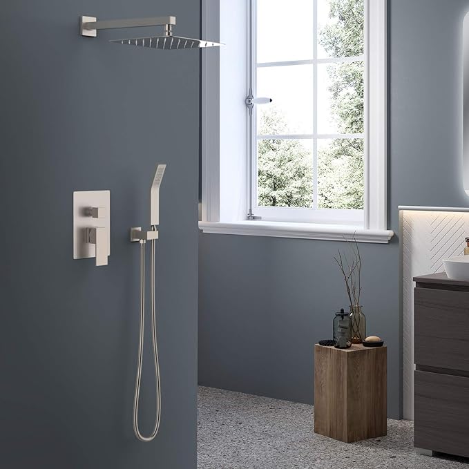 SunCleanse Shower System Rainfall Shower Faucets Set Brushed Nickel, 8 Inch Wall Mounted Rain Shower Head with Handheld Spray Shower Valve and Trim Included