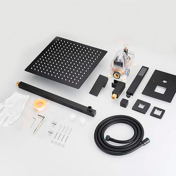 BWE Black Shower Faucet 16 Inch Square Luxury Rain Mixer Shower System Sets Complete 2-Functions Pressure Balancing Wall Mount Rainfall Rough-in Valve Body and Trim Included