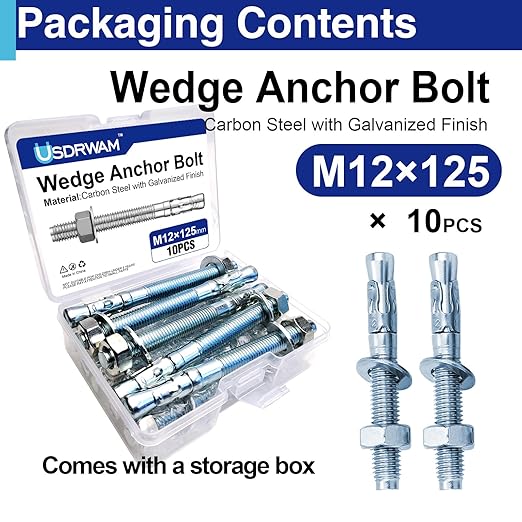 10Pcs M12×125mm Wedge Anchor Bolt, Carbon Steel Zinc Plated, Concrete Anchor Screws Kit, Anti-Rust Metric Expansion Bolts