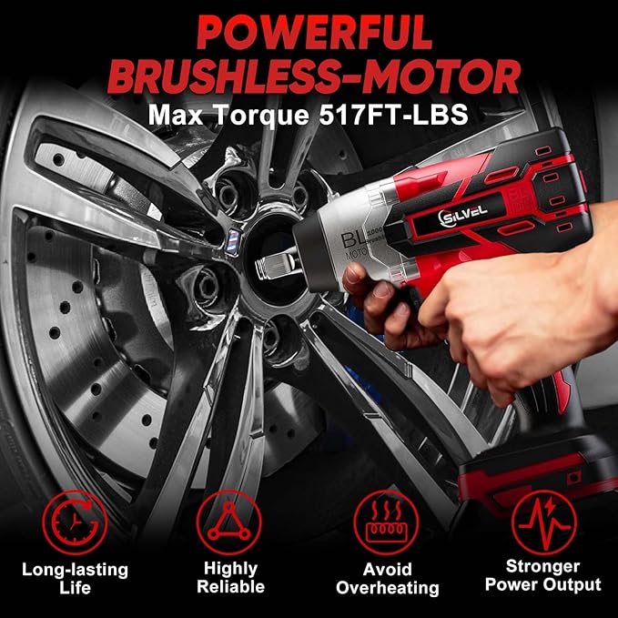 SILVEL 21V Cordless Impact Wrench 1/2 inch, 517 Ft-lbs (700N.m) Max Torque Brushless High Torque Impact Wrench w/ 1.5Ah Li-ion Battery, Charger, 6 Sockets, Extension Bar, Power Impact Gun for Car Home