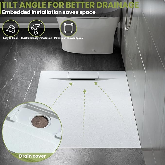 60'' L x 36'' W Shower Base with Drain Cover, White SMC Shower Tray for Bathroom, Waterproof Leakproof Modern Shower Pan