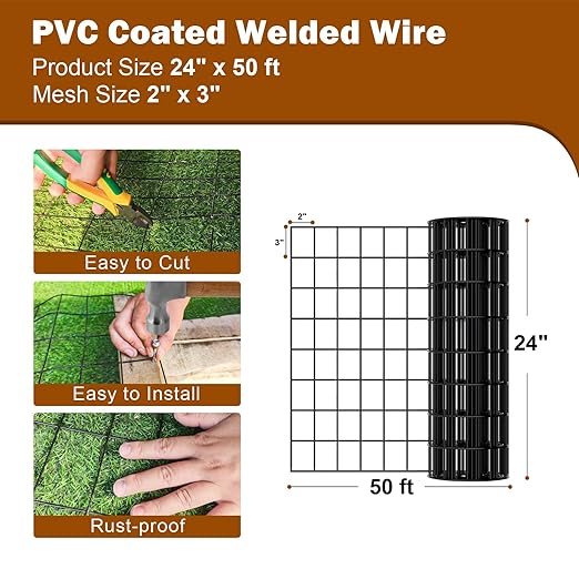 Black Chicken Wire Fencing 16 Gauge, PVC Coated Welded Mesh Fence 2" x 3" Gap, for Vegetable Garden, Yard, Little Animal Protection, Baby Care, and Pet Enclosures DIY Projects 24" x 50 ft