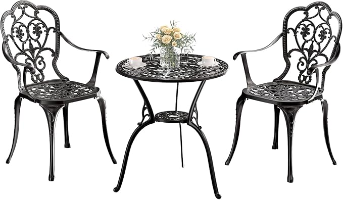 Patio Bistro Set of 2, Cast Aluminum, Outdoor Set w/Umbrella Hole, 3 Piece Table and Chairs Set, Bistro Set for Backyard/Garden/Lawn, Black