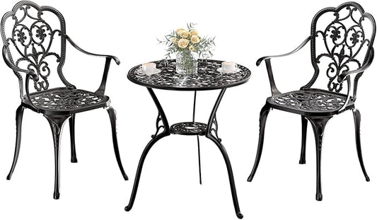 Patio Bistro Set of 2, Cast Aluminum, Outdoor Set w/Umbrella Hole, 3 Piece Table and Chairs Set, Bistro Set for Backyard/Garden/Lawn, Black