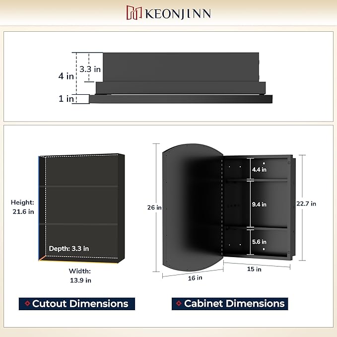 Keonjinn Black Medicine Cabinet 16 x 26 Inch, Surface Mount or Recessed Bathroom Cabinets with Mirrors, Metal Framed Wall Mirror with Storage, 2 Adjustable Shelves, Beveled Edge Mirror