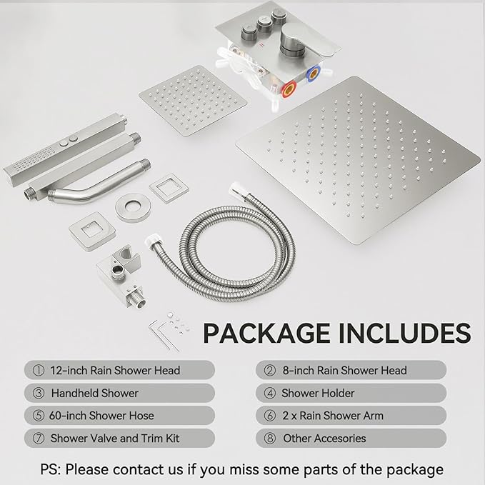 Shower Faucet Set Matte Black Shower System, 12" Ceiling Rainfall Shower and 8" Rain Shower with 2 in 1 Handheld, Can Use All at Once, Wall Mount Pressure Balance Rough-in Valve and Trim Kit