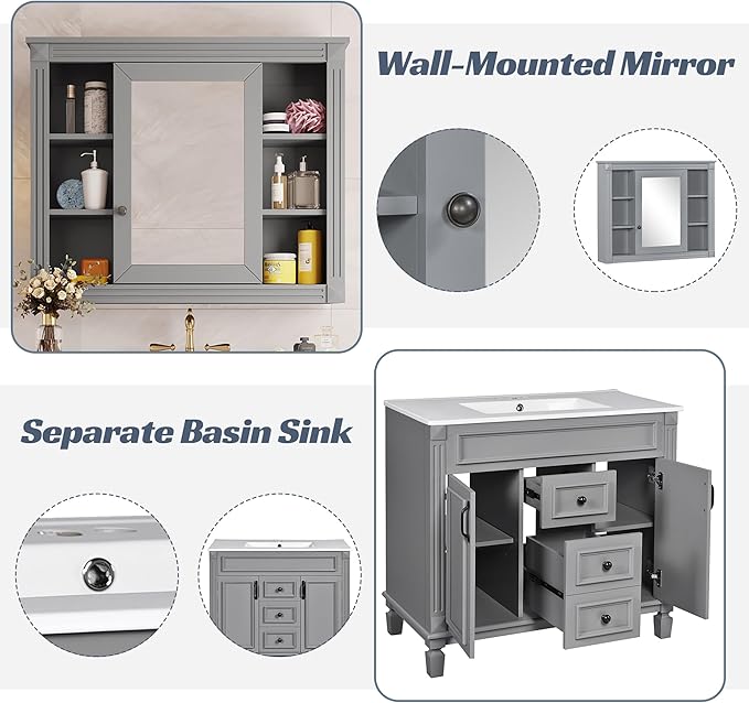 Merax 36" Bathroom Vanity with Sink, 36 inch Bathroom Vanity Storage Cabinet with Matching Mirror Medicine Cabinet, Ceramic Sink Top, Solid Wood Frame, Painted