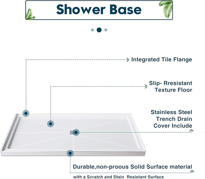 ELEGANT Shower Base 60'' L x 36'' W x 4'' H Center Drain, Single Threshold Shower Base, Non-Slip Shower Pan, Stainless Steel Drain Cover Included