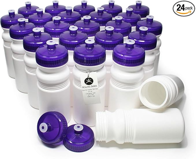 Rolling Sands 20 Ounce Sports Water Bottles 24 Pack, BPA-Free, Made in USA, Dishwasher Safe, White Bottles/Purple Lids