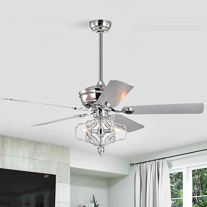 NicBex Ceiling Fan 52 Inch Crystal Ceiling Fan with Lights Ceiling Fans with 5 Blades and Remote Control Ceiling Fan with Lamp Shade for Bedroom, Living Room, Silver