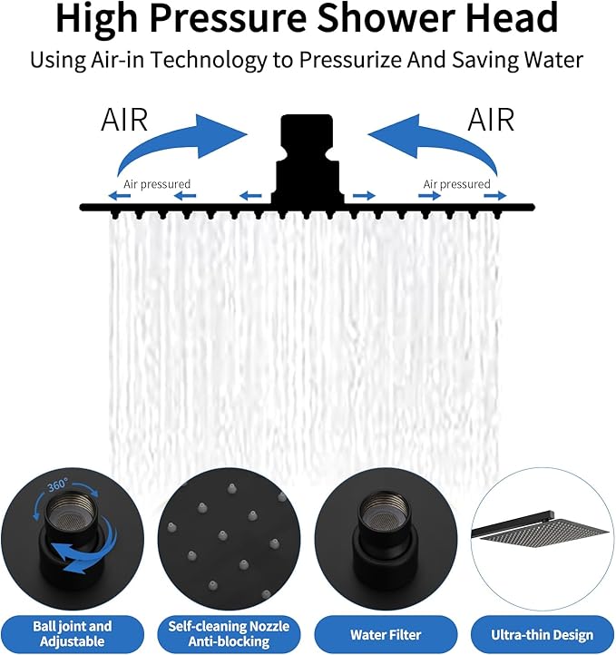 RUMOSE Matte Black Rainfall Shower System Fixture 12 Inch High Pressure Square Shower Head with 2 in 1 Handheld Spray Wall Mount Brass Bathroom Shower Faucet Set with cUPC Certified Rough-in Valve