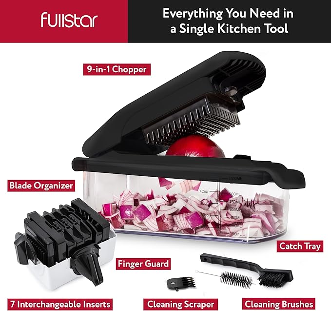 Fullstar Vegetable Chopper - Food Chopper - Onion Chopper - Vegetable Slicer & Spiralizer - Veggie Chopper with Container - Kitchen Gadgets - Home Essentials - Kitchen Accessories (9 in 1, Black)