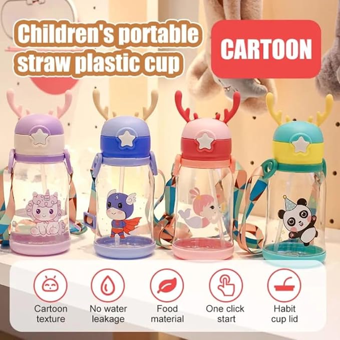 Antlers BPA Free Reusable leak proof Transparent Water Bottle With Strap for Kids School (Multicolor-600ml), Medium (2-4 cups)
