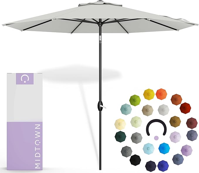 Midtown Umbrellas 10-Year-No-Fade - 9 Ft - UV Proof Off White Polyester Fabric - Umbrella Outdoor Patio, Auto-Tilt Aluminum Frame Patio Umbrella for Garden, Pool & Deck - Black Pole